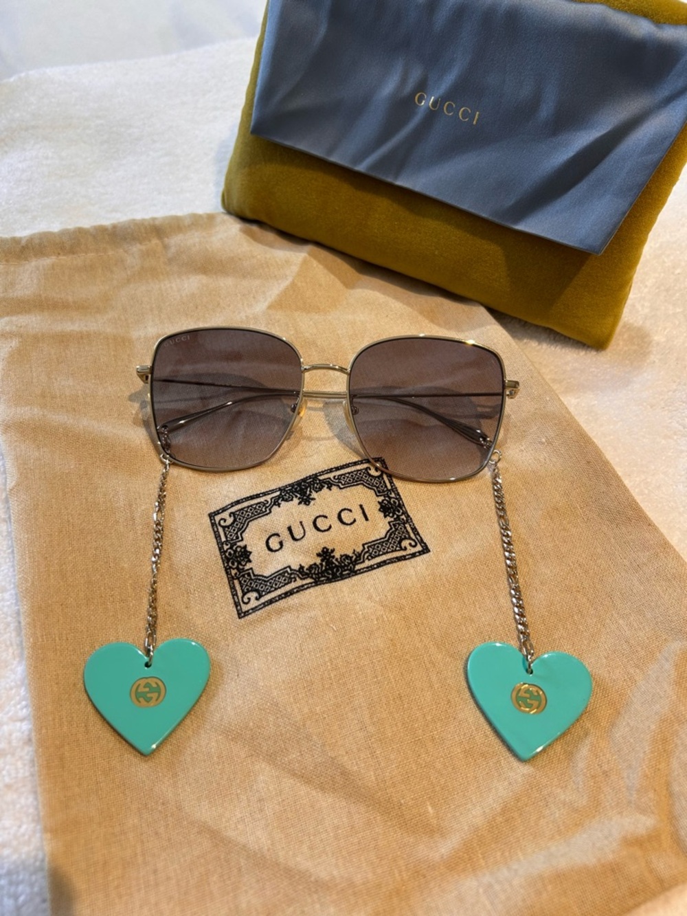 Gucci Gold Frame Sunglasses with Turquoise Heart Charms